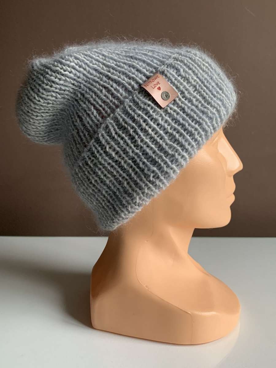 Ręcznie robiona czapka beanie AUREA 100% Baby Merino plus moher i jedwab 22 Szaro Błękitny