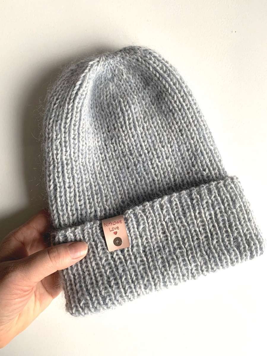 Ręcznie robiona czapka beanie AUREA 100% Baby Merino plus moher i jedwab 22 Szaro Błękitny