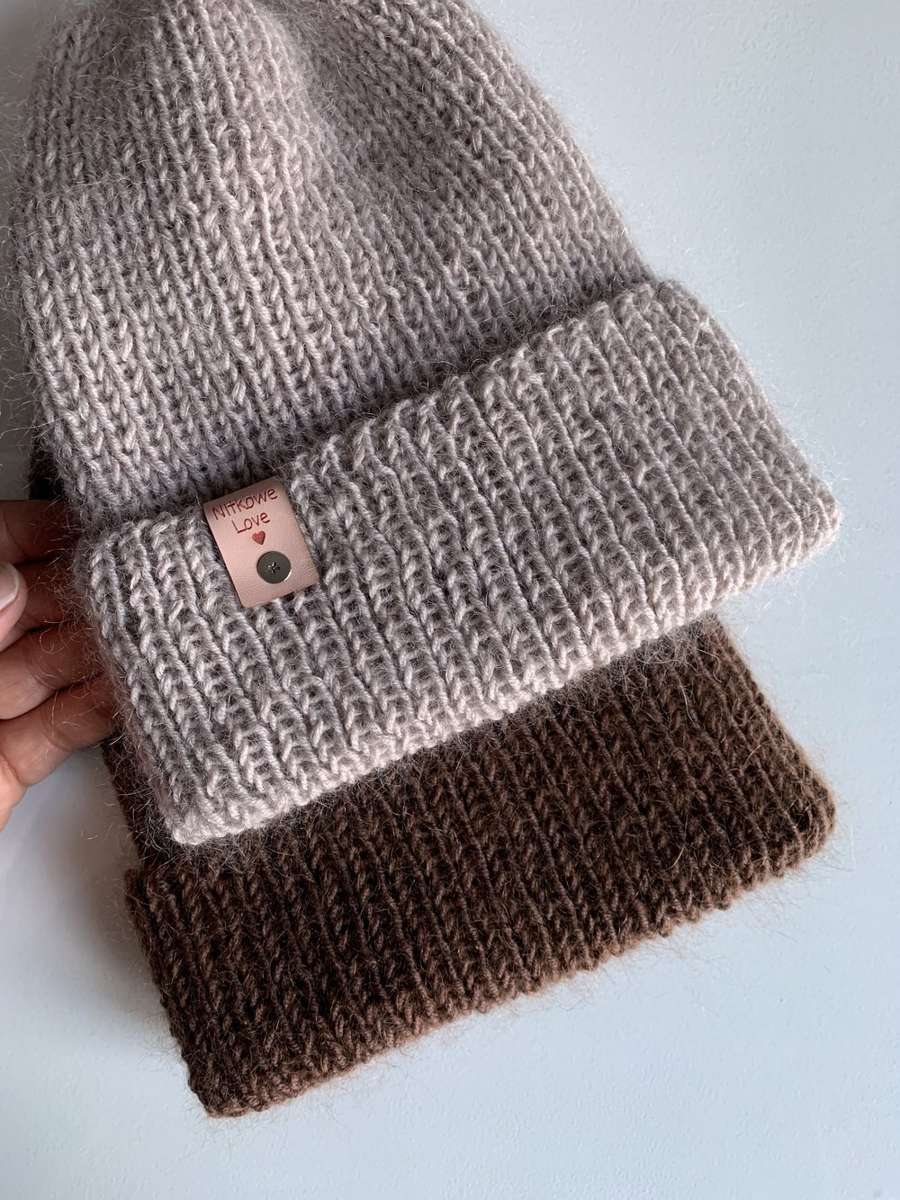 Ręcznie robiona czapka beanie AUREA 100% Baby Merino plus moher i jedwab 23/20 Jasny Beż