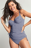 Figi kąpielowe Panache Swim GINGHAM SW1729 Midi Gathered Bikini Bottoms Navy Gingham